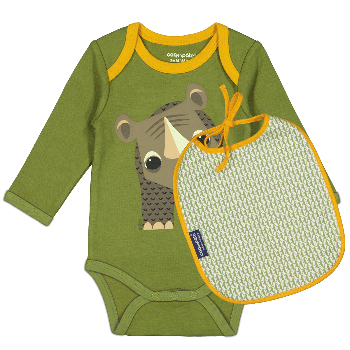 Long Sleeve Bodysuit & Bib Set | Organic cotton |Rhinoceros | Birth gift