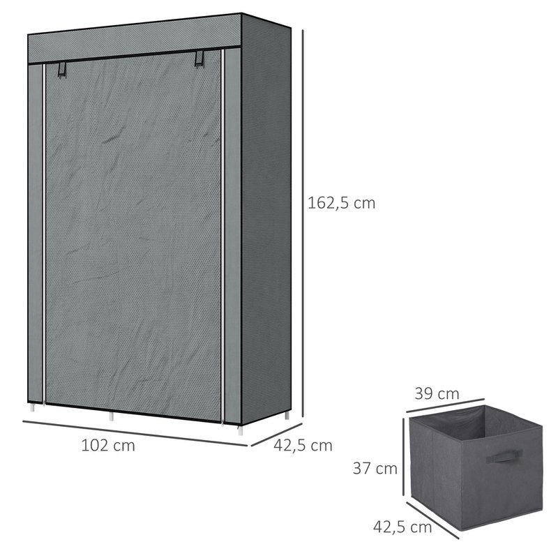 Fabric closet wardrobe foldable cabinet, 1 clothes rail, 6 shelves, 102 x 42.5 x 162.5 cm, gray