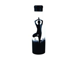 Black yoga thermos bottle with silhouette of person in yoga pose. Stainless steel construction, insulated to keep contents hot or cold.