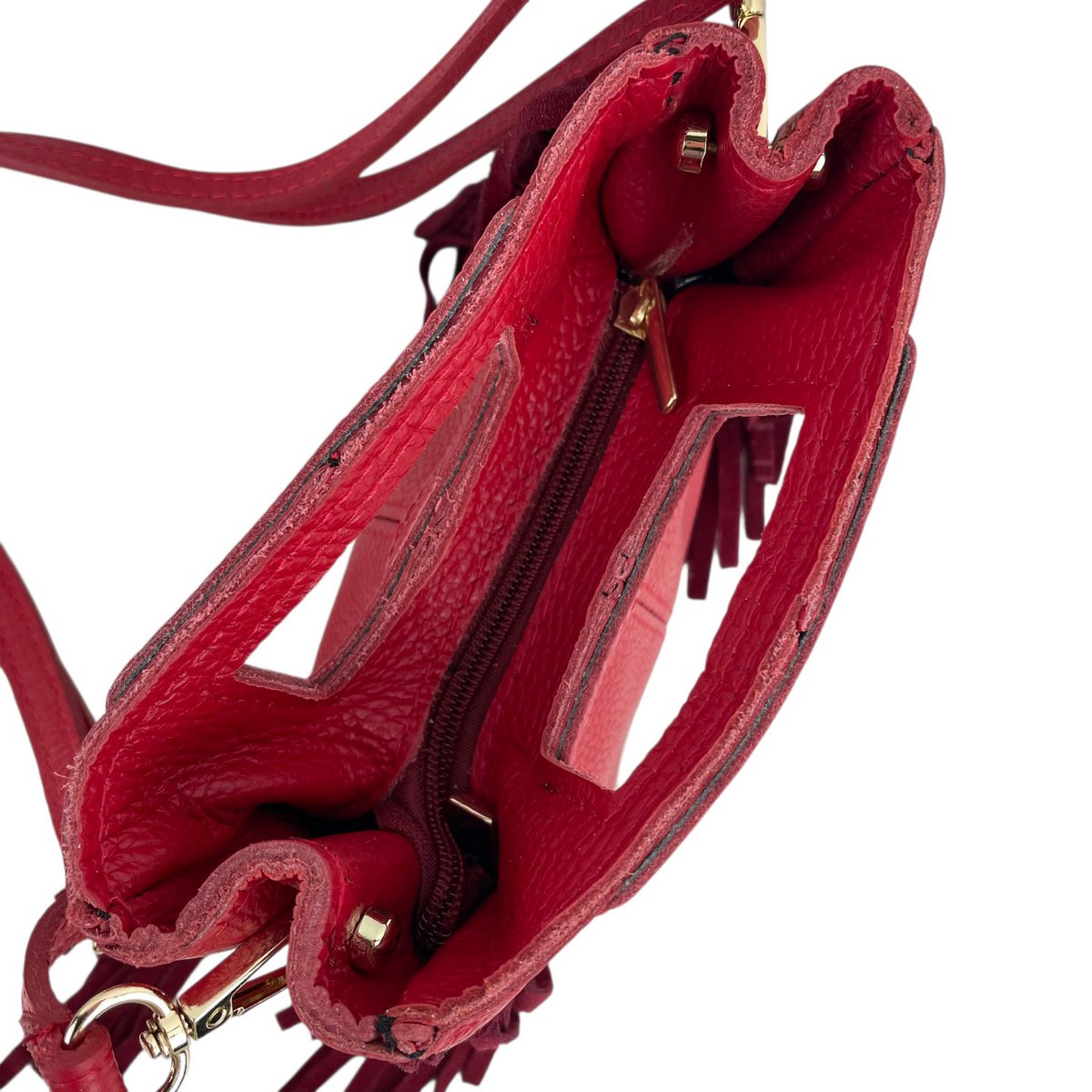 Compact Italian Leather Bag with Decorative Fringes 58026