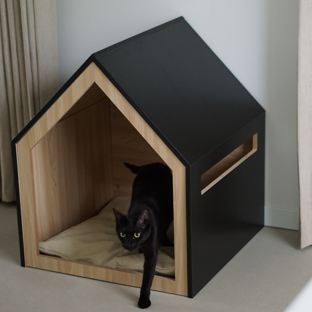 Kattenhuis | hondenhuis | hout | katoen | zwart | 58 x 58 x 65 cm