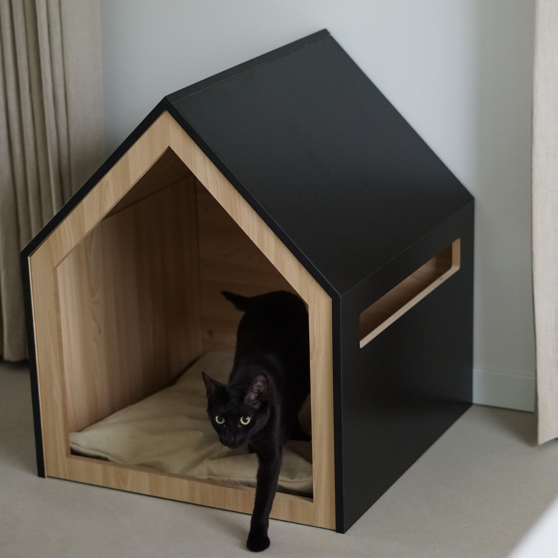 Katzenhaus | Hundehütte | Holz | Baumwolle | schwarz | 58 x 58 x 65 cm