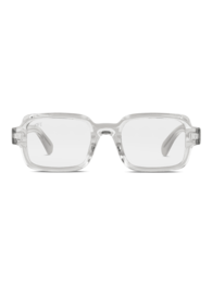 Clear, rectangular blue light blocking glasses with a modern, minimalist design.