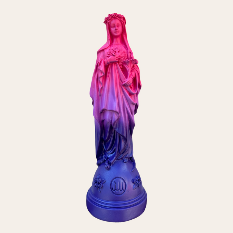 Marie statuette with Tie and Dye colored flowers