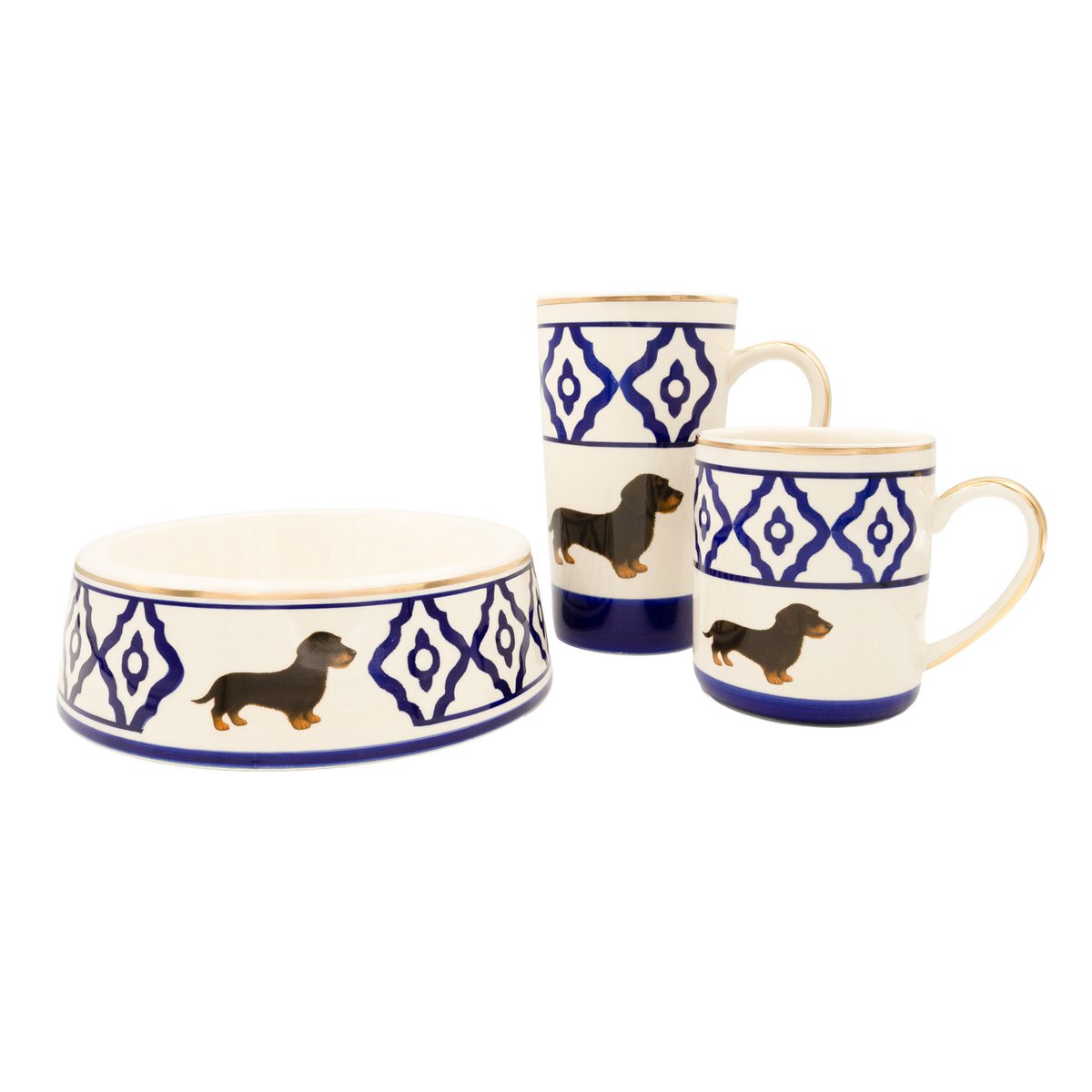 Kaffeetasse/Coffee-Mug Modell Dackel aus Keramik, handbemalt mit Dackelmotiv, Goldrand und gold belegtem Griff 250 ml. Tasseninhalt in den Farben rot, grün und blau erhältlich