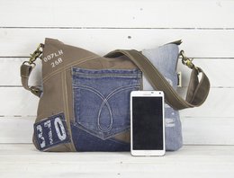 Sunsa Women's Sustainable Shoulder Bag. Shoulder bag made from recycled jeans & canvas (canvas). Handbag vintage retro style. Crossbody bag for women.