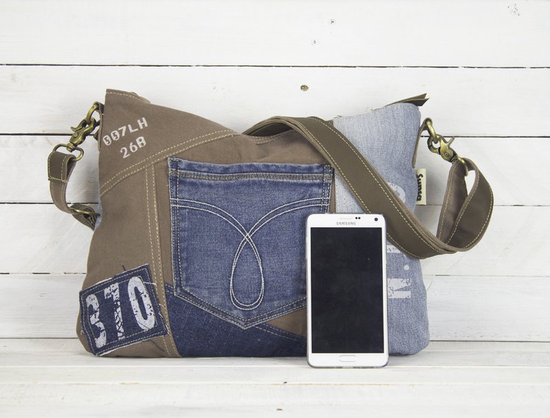 Sunsa Bæredygtig Skuldertaske til kvinder. Skuldertaske lavet af genbrugte jeans & canvas (canvas). Håndtaske i vintage retro stil. Crossbody taske til kvinder.
