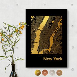 Angular map of New York City in gold, copper, rose gold, silver, and white color variants, available in 30 x 42 cm and 21 x 30 cm sizes.