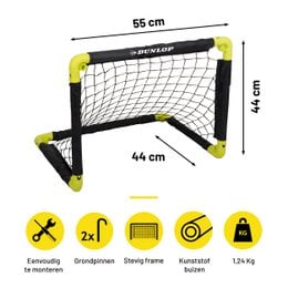 Black football goal with yellow corners, portable net, 55cm wide, compact sports equipment