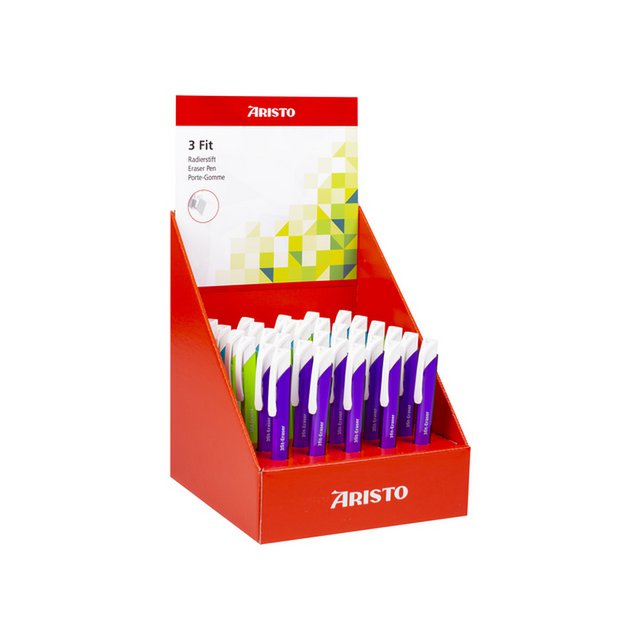 Présentoir Aristo gommes 3fit 30 pièces couleurs assorties translucides bleu vert violet