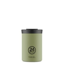 White travel tumbler with black lid, 350ml capacity, made of durable materials.