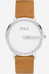 Stainless steel watch with a white dial and a tan leather strap. Minimalist design with a simple, clean aesthetic.