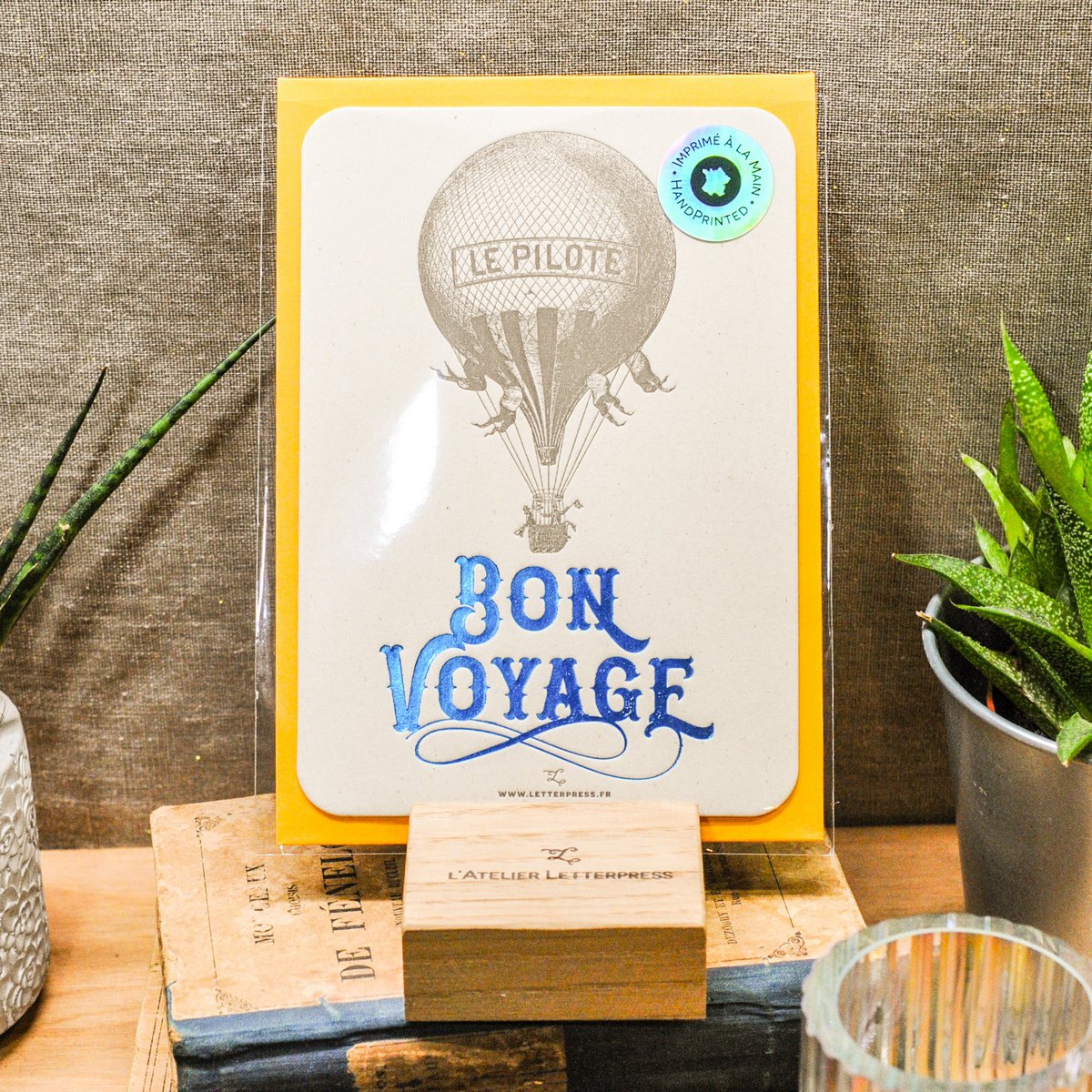 Hot Air Balloon Letterpress Card, blue (with envelope)