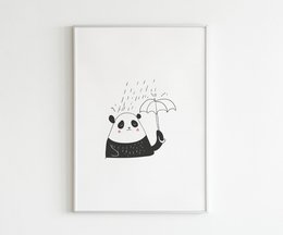 A black and white poster featuring a panda holding an umbrella in the rain. The poster has a minimalist, hand-drawn style and would be suitable for a child's room or nursery.