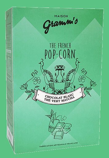 Æsker med karamel pop-corn overtrukket med Matcha grøn te (100g)