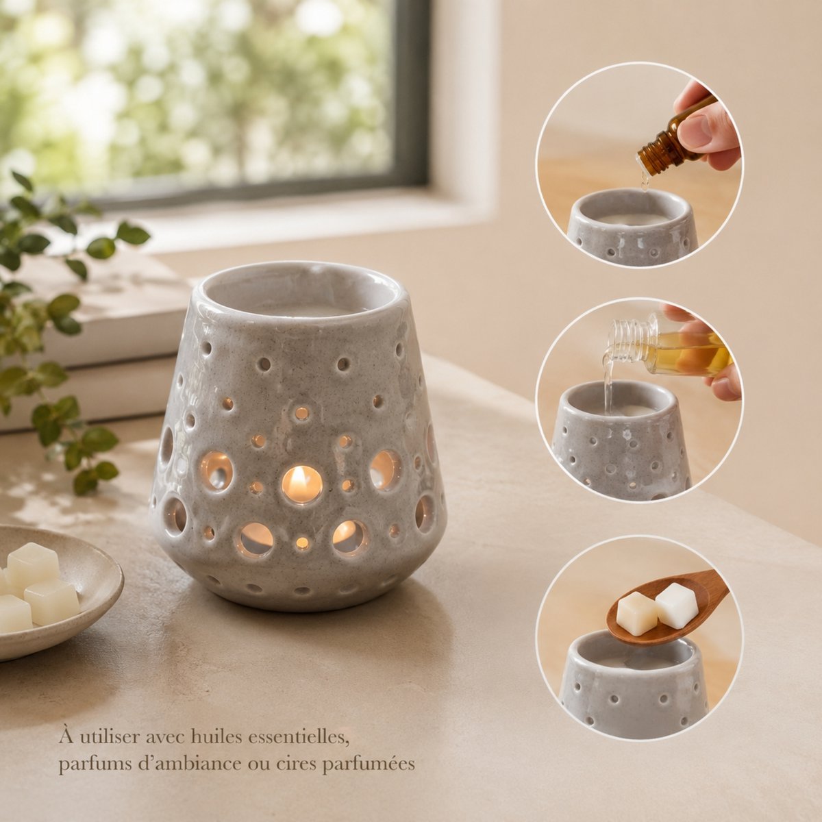 Perfume Burner – Gray Loob – Lacquered Ceramic Candle Holder – Healthy Diffusion Accessory – Scented Waxes, Essential Oils – Decorative Object