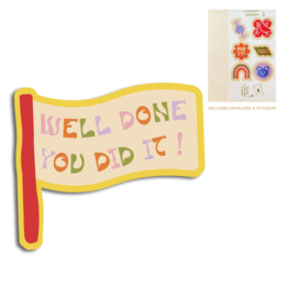 Colorful cut-out cards with a congratulatory message and various decorative elements like rainbows, flowers, and shapes.