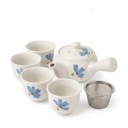 Japansk Kyusu tesæt - keramisk gryde med sidehåndtag, rustfri stålsi og 4 kopper