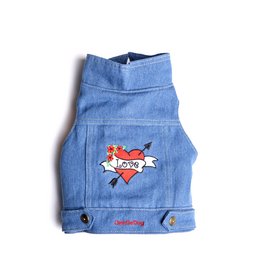 Denim vest with heart graphic, suitable for pets. Available in sizes XS, S, M, L, XL.