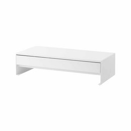Black monitor stand with drawer, modern minimalist design, desktop organizer, storage shelf