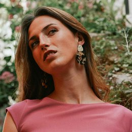 Emilie earrings, stud earrings in leopard, chestnut, and latte colors with a tortoiseshell pattern and gold glitter accents.
