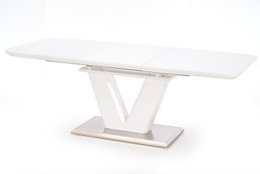 White extendable dining table, modern V-shaped base, rectangular top, seats multiple people, contemporary design.