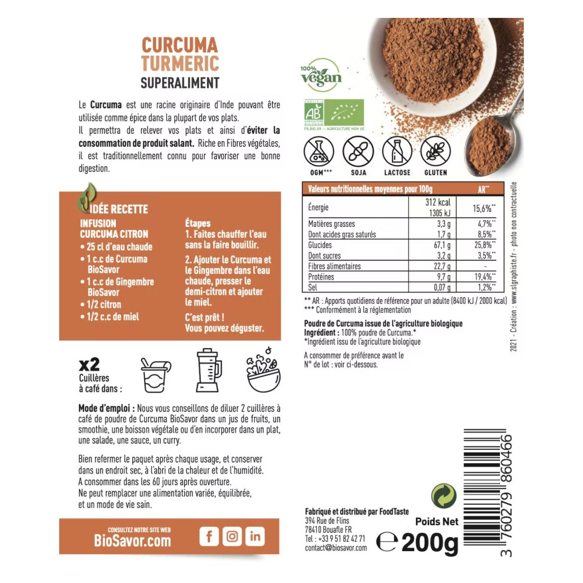 CURCUMA EN POUDRE - 200G - COMPLÉMENT ALIMENTAIRE