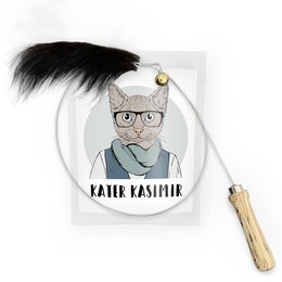 A handcrafted cat fishing rod made from robust and sustainable materials, featuring a goatskin-covered handle and a long feather toy on a flexible rod.