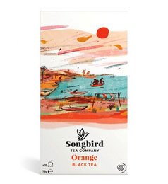 Black tea with orange flavoring, packaged in a box with an abstract landscape design featuring a songbird.