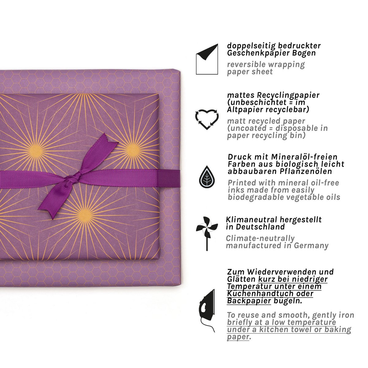 Lila Geschenkpapier mit Sonnensternen, retro Geschenkpapier orange und lila, ideal als Geburtstags- Geschenkpapier Frühling oder Weihnachtsgeschenkpapier