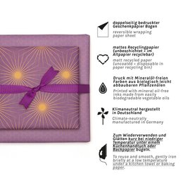 Lila Geschenkpapier mit Sonnensternen, retro Geschenkpapier orange und lila, ideal als Geburtstags- Geschenkpapier Frühling oder Weihnachtsgeschenkpapier