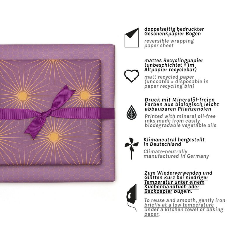 Lila Geschenkpapier mit Sonnensternen, retro Geschenkpapier orange und lila, ideal als Geburtstags- Geschenkpapier Frühling oder Weihnachtsgeschenkpapier