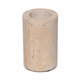 Travertine tea light holder, cylindrical shape, light beige color, natural stone material, suitable for tea light candles.