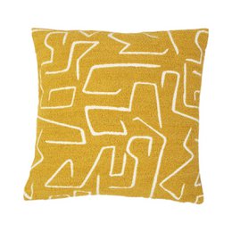 A square decorative cushion in a mustard yellow color, featuring an abstract geometric pattern of irregular shapes and lines in a contrasting off-white color.