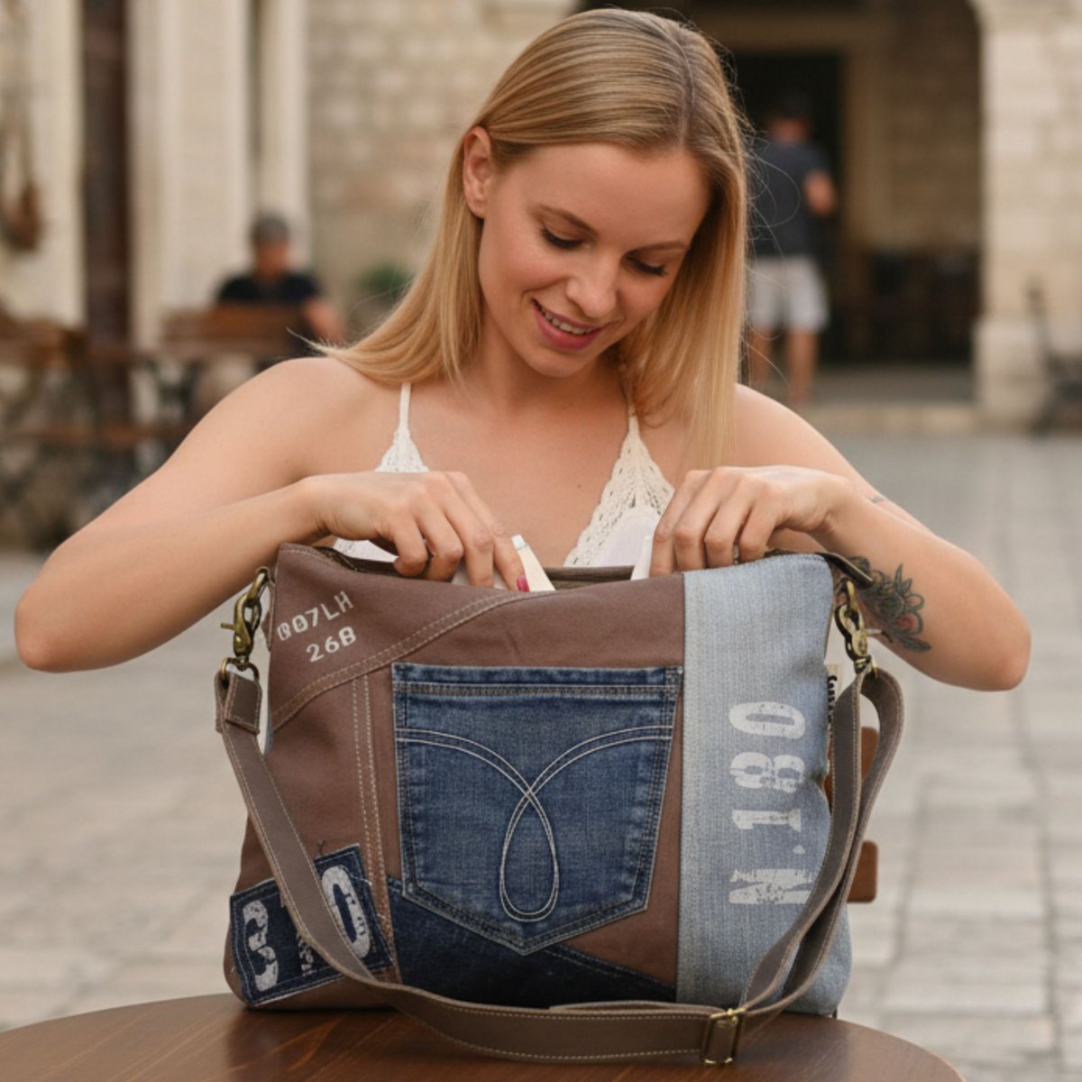 Sac bandoulière femme Sunsa. Sac bandoulière en jean et toile upcyclés. Sac à main style rétro vintage. Sac bandoulière pour femme.