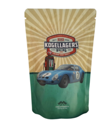 Blue vintage race car, licorice balls, retro automotive design, classic sports car candy packaging.