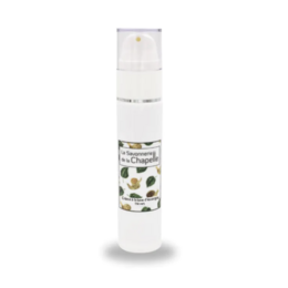 A green tea-infused snail slime cream in a white and green-patterned bottle.