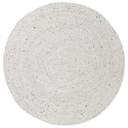 A round, off-white felted wool rug with a textured, speckled surface and a natural, earthy appearance. The rug has a simple, minimalist design that would complement a variety of decor styles.