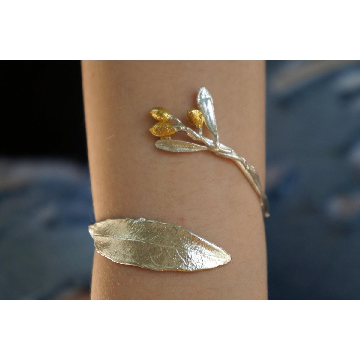 Real Olive Leaf Gold Bracelet, Handmade Nature Inspired Jewelry, Organic Tree Branch Cuff, Gift for Victory & Health, Sterling Silver 925