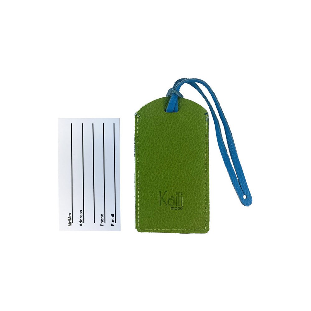 K0041EOB | Lavet i Italien tofarvet bagagemærke i ægte fuldnarvet læder, dollarkorn - Grøn/Blå - Mål: 6,5 x 12 cm - Emballage: stiv bund/låg Gaveæske
