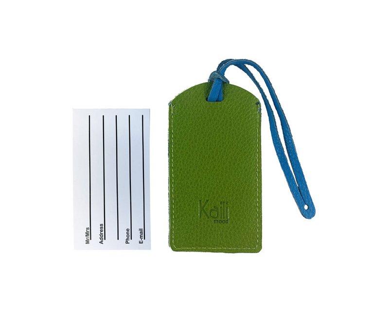 K0041EOB | Lavet i Italien tofarvet bagagemærke i ægte fuldnarvet læder, dollarkorn - Grøn/Blå - Mål: 6,5 x 12 cm - Emballage: stiv bund/låg Gaveæske
