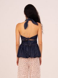 Top allacciato a palloncino in denim fulvo