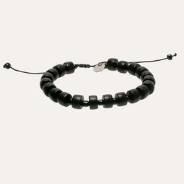 Black beaded bracelet with adjustable cord closure.