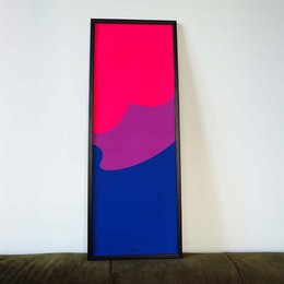 Vibrant bisexual pride flag poster with bold colors and abstract shapes.
