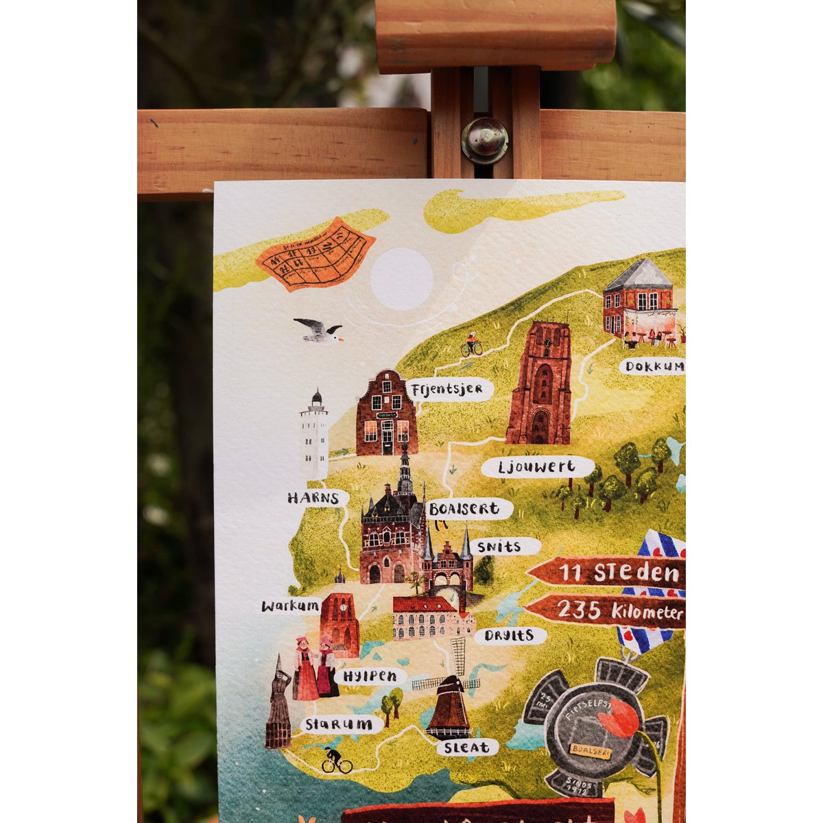 „Cycling Eleven Cities Route“ – A5-Illustrationsdruck | Kunstdruck auf 300 g/m² Tintoretto Gesso | Elf Städte festgelegt