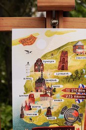 „Cycling Eleven Cities Route“ – A5-Illustrationsdruck | Kunstdruck auf 300 g/m² Tintoretto Gesso | Elf Städte festgelegt