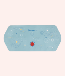  Extra large bath mat with temperature indicator, made of soft, absorbent material in a light blue color with colorful polka dot pattern.