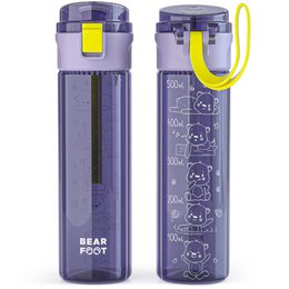  A children's drinking bottle with a 500ml capacity, in a light purple color with a logo. The bottle features a scale that measures the child's mood and motivation to drink.