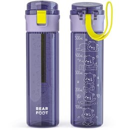 A children's drinking bottle with a 500ml capacity, in a light purple color with a logo. The bottle features a scale that measures the child's mood and motivation to drink.