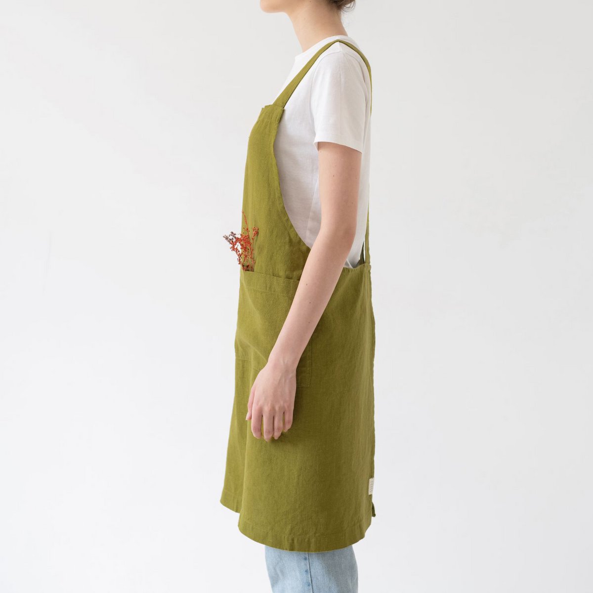 Moss Green Linen Japanese Crossback Apron